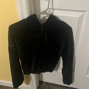 2 for $8 sale**Black Velour Zip Neck Cropped Hooded Sweater